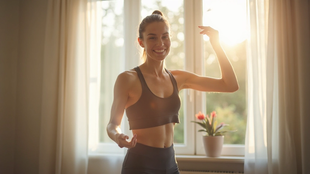 Osoba cvičiaca rutinu ráno v pokoji so slnečným svetlom z okna